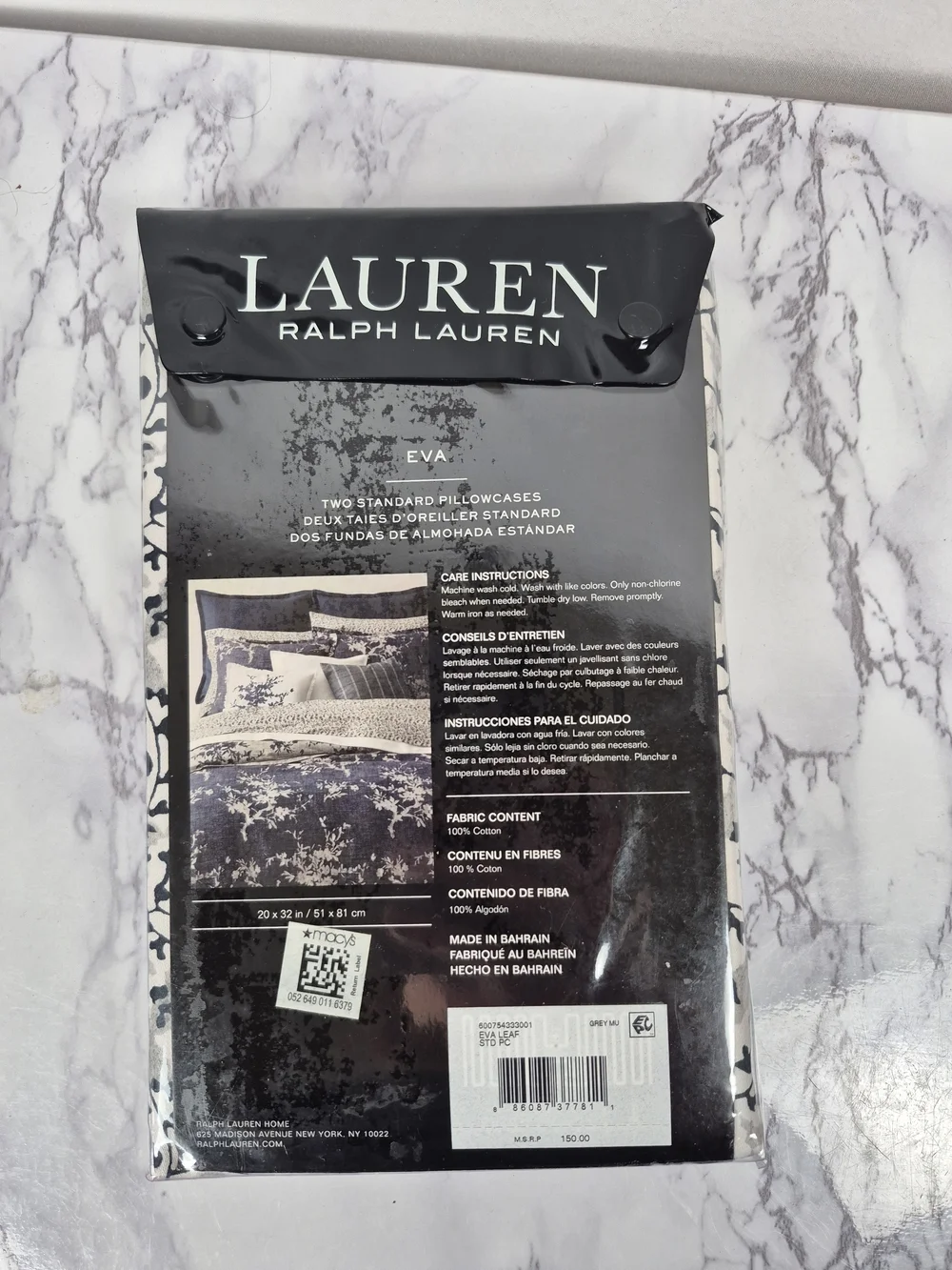 Ralph Lauren 2 Standard Pillowcases -100% Cotton  Black Floral on White